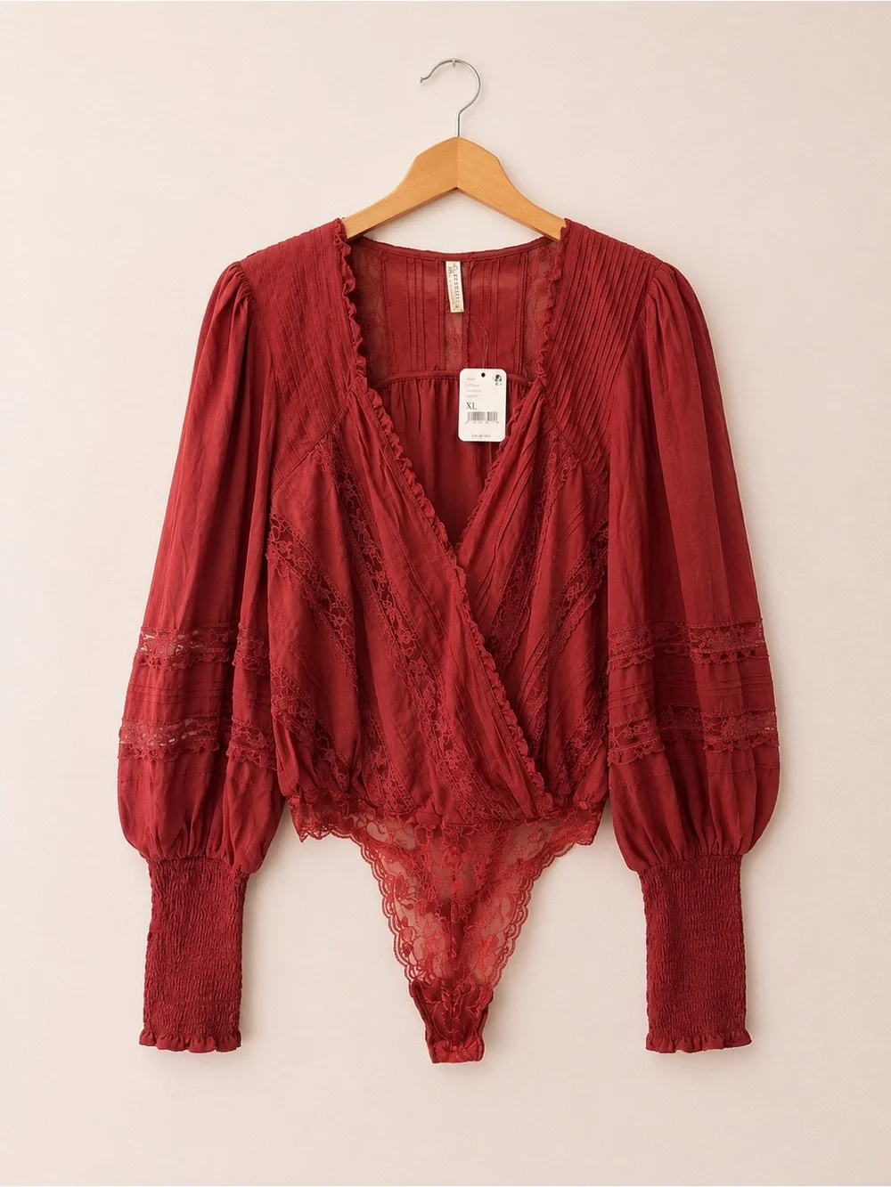 Free People Deep Red Lace Trim Long Sleeve Bodysuit